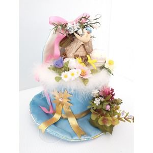 Tilly home‎ decor Blue top hat tabletop Easter Spring ribbon Rabbit Accessory